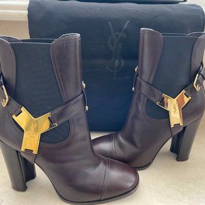 Yves Saint Laurent Dark Brown Leather Heeled Ankle Boots with Gold Y Hardware